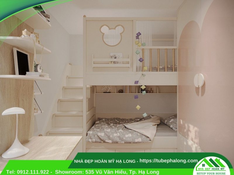 Nội thất phòng ngủ bé gái Hạ Long bao gồm tủ, giường tầng trẻ em, bàn học. Là đơn vị thực hiện thiết kế - thi công phòng ngủ bé gái trọn gói với giá ưu đãi